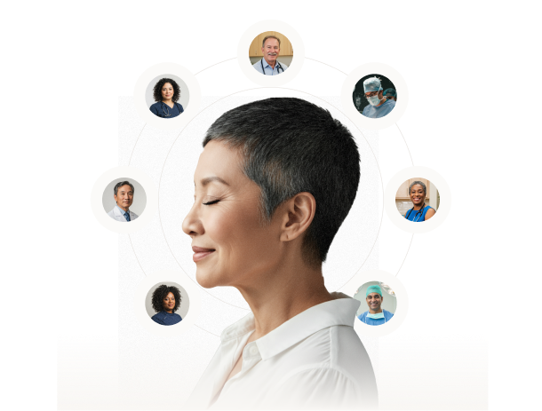 Healthcare professional surrounded by floating circular medical elements representing comprehensive AI-powered health services